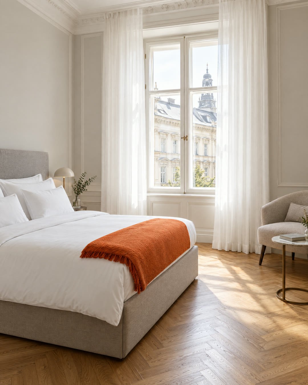 Ein helles Hotelzimmer in einem Altbau